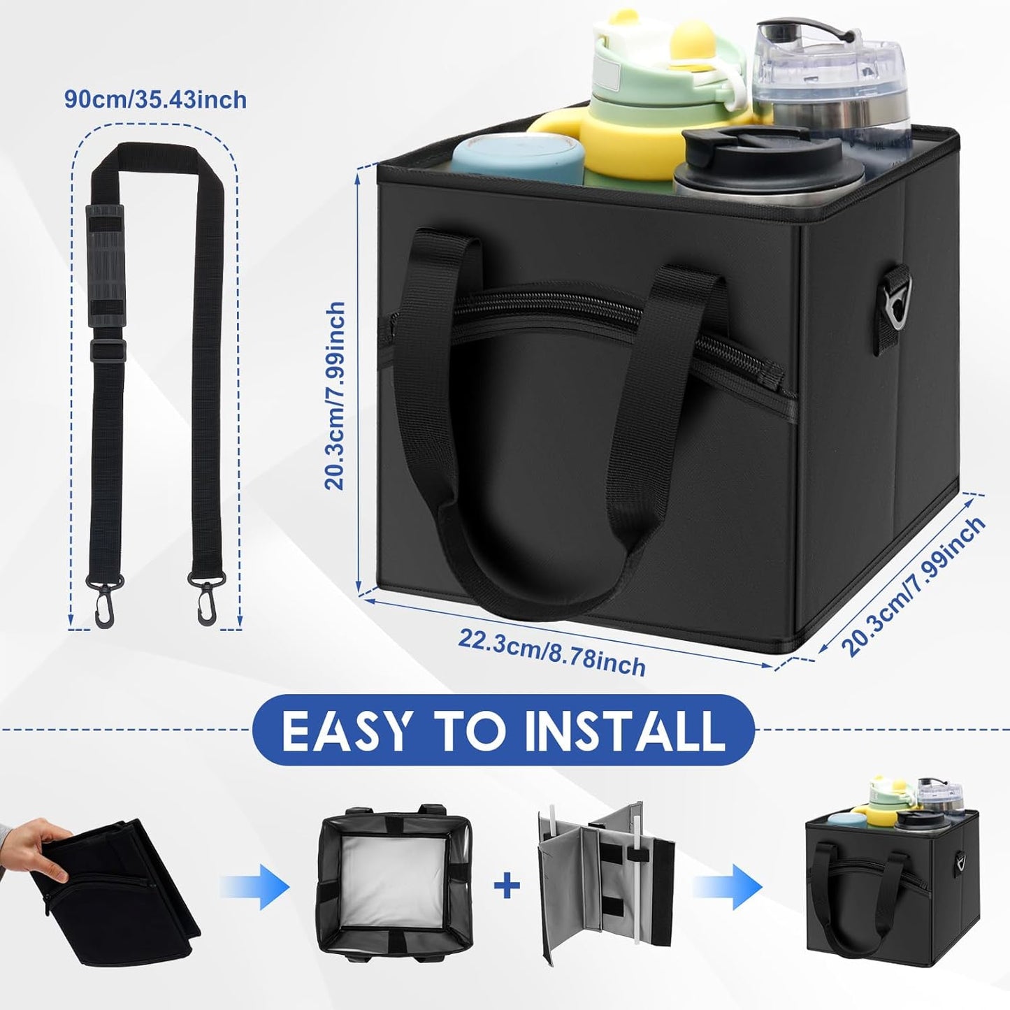 Insulated 4-Cup Drink Carrier Bag with Shoulder Strap & Adjustable Dividers - Spill-Proof Collapsible Beverage Tote for Travel, Coffee Runs & Food Delivery, Black