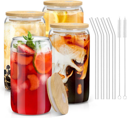 Glass Cups with Lids and Straws - 16 oz Glass Drinking Cups Set for Coffee