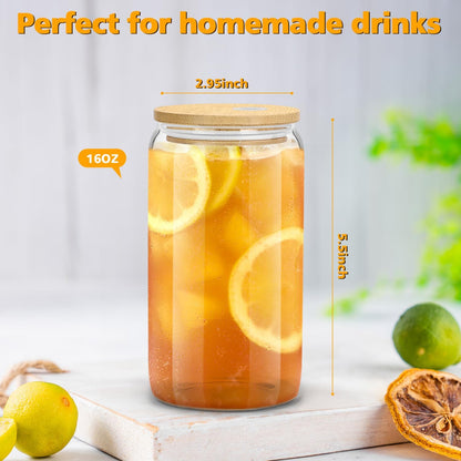Glass Cups with Lids and Straws - 16 oz Glass Drinking Cups Set for Coffee