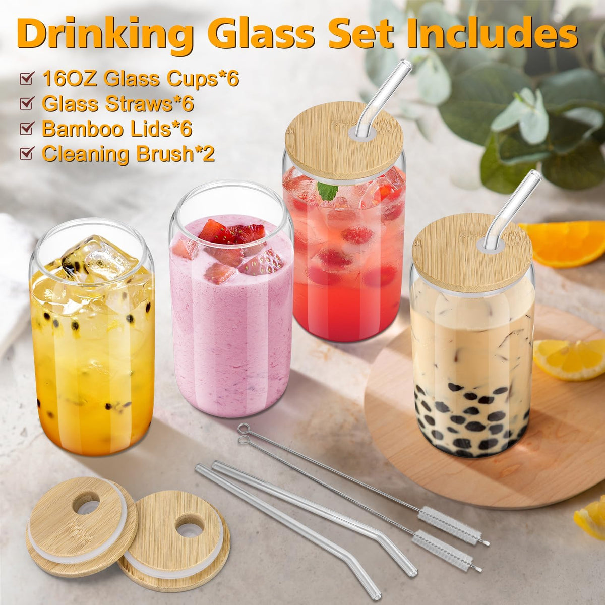 Glass Cups with Lids and Straws - 16 oz Glass Drinking Cups Set for Coffee