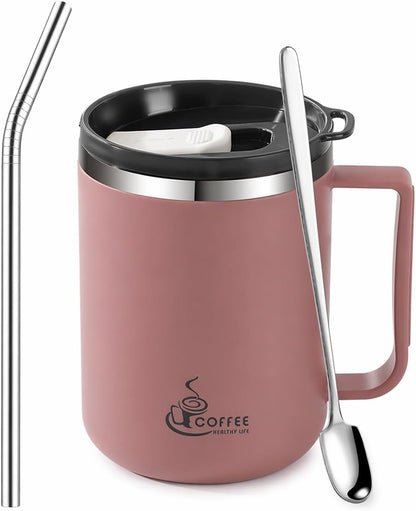 12oz Double Wall Stainless Steel Coffee Mug with Handle, 3-in-1 Sliding Lid, Reusable Stainless Steel Straw and Spoon, Coffee Cup for Hot and Cold Drinks, Office & Home (Dusty Rose)