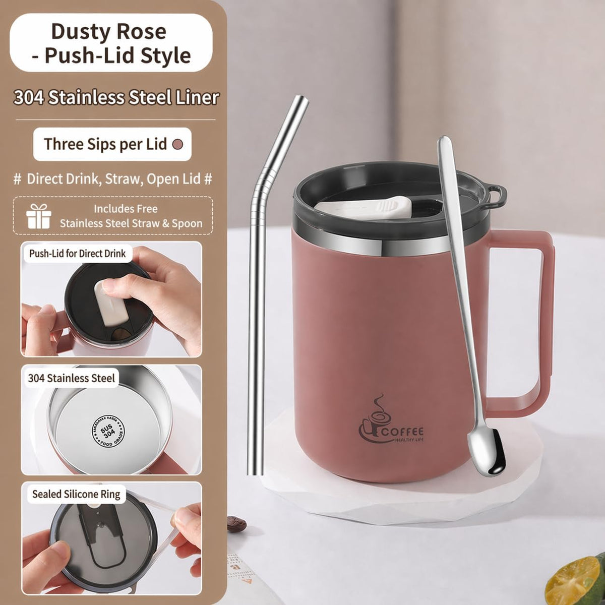 12oz Double Wall Stainless Steel Coffee Mug with Handle, 3-in-1 Sliding Lid, Reusable Stainless Steel Straw and Spoon, Coffee Cup for Hot and Cold Drinks, Office & Home (Dusty Rose)