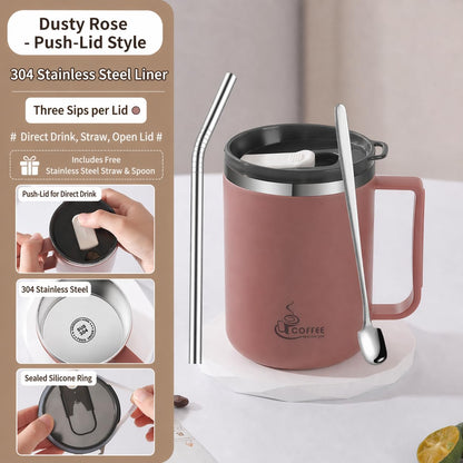 12oz Double Wall Stainless Steel Coffee Mug with Handle, 3-in-1 Sliding Lid, Reusable Stainless Steel Straw and Spoon, Coffee Cup for Hot and Cold Drinks, Office & Home (Dusty Rose)