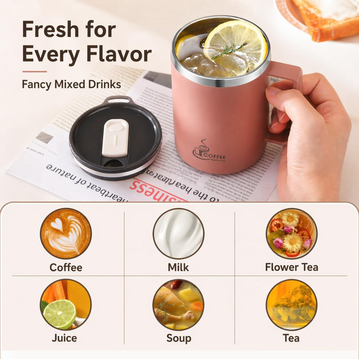 12oz Double Wall Stainless Steel Coffee Mug with Handle, 3-in-1 Sliding Lid, Reusable Stainless Steel Straw and Spoon, Coffee Cup for Hot and Cold Drinks, Office & Home (Dusty Rose)