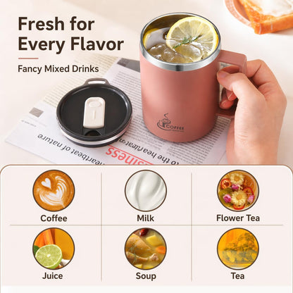 12oz Double Wall Stainless Steel Coffee Mug with Handle, 3-in-1 Sliding Lid, Reusable Stainless Steel Straw and Spoon, Coffee Cup for Hot and Cold Drinks, Office & Home (Dusty Rose)