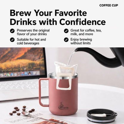 12oz Double Wall Stainless Steel Coffee Mug with Handle, 3-in-1 Sliding Lid, Reusable Stainless Steel Straw and Spoon, Coffee Cup for Hot and Cold Drinks, Office & Home (Dusty Rose)