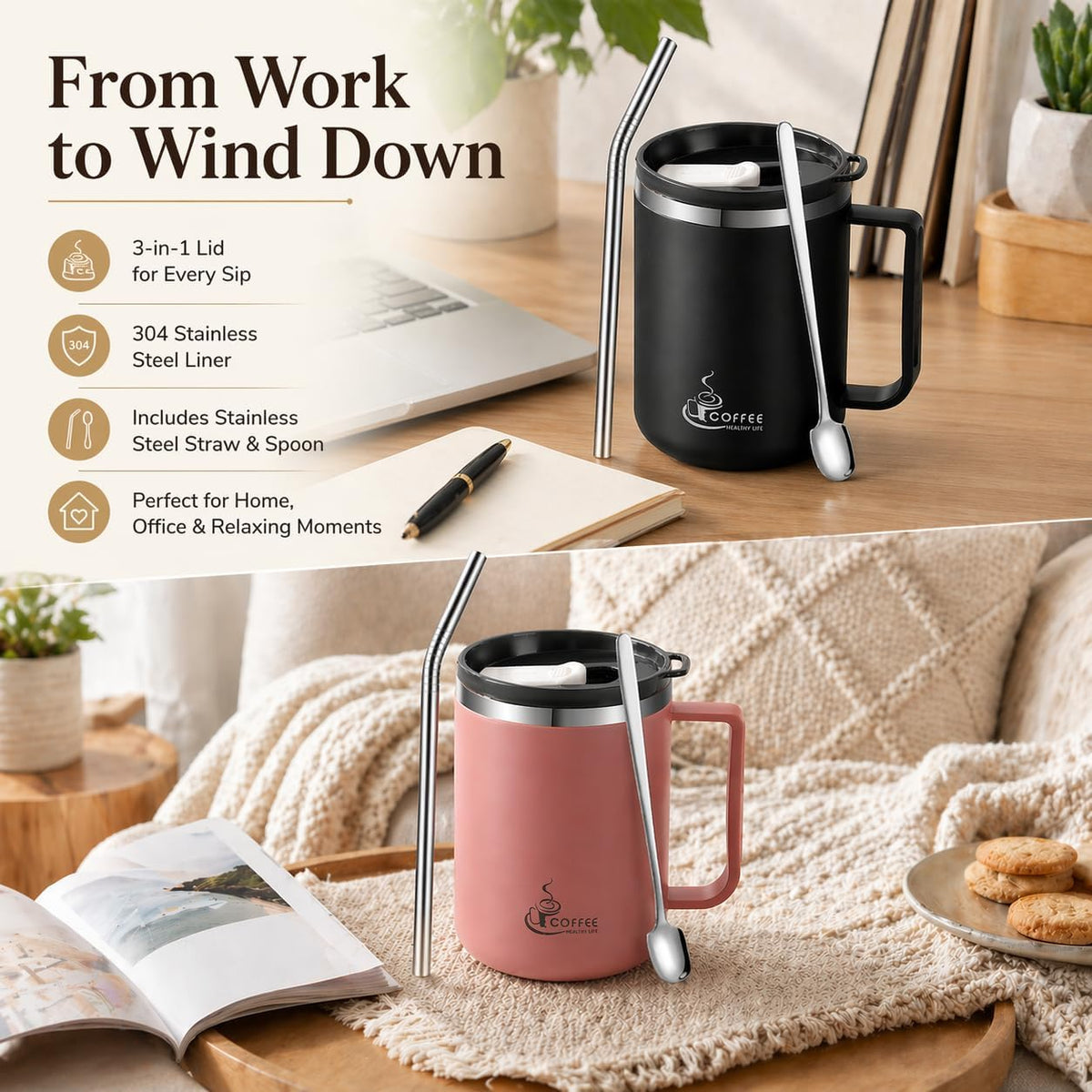 12oz Double Wall Stainless Steel Coffee Mug with Handle, 3-in-1 Sliding Lid, Reusable Stainless Steel Straw and Spoon, Coffee Cup for Hot and Cold Drinks, Office & Home (Dusty Rose)
