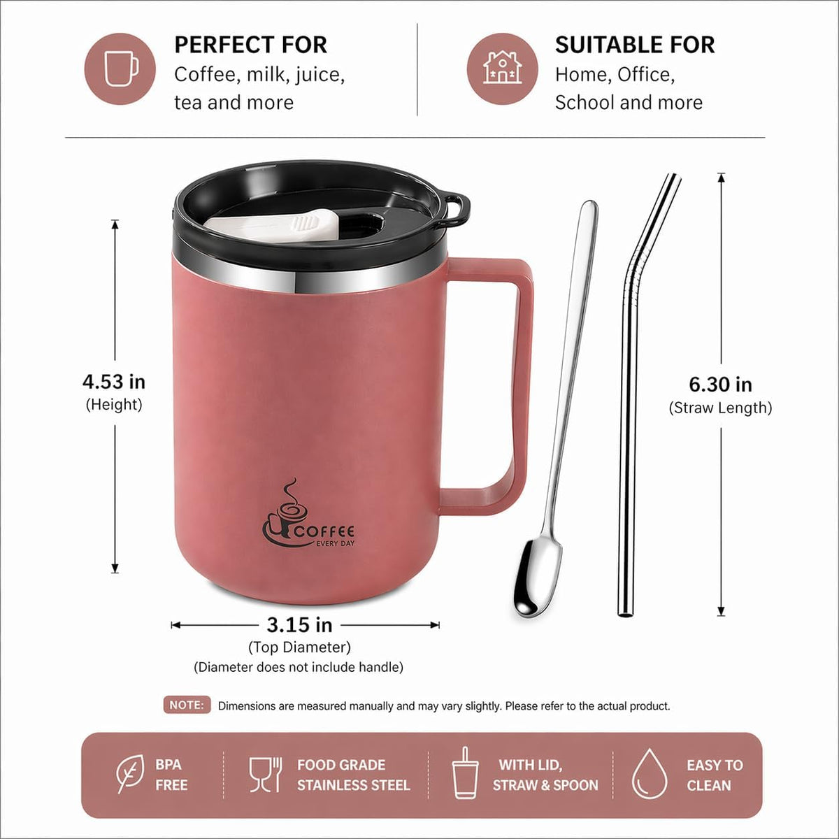 12oz Double Wall Stainless Steel Coffee Mug with Handle, 3-in-1 Sliding Lid, Reusable Stainless Steel Straw and Spoon, Coffee Cup for Hot and Cold Drinks, Office & Home (Dusty Rose)