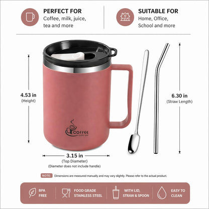 12oz Double Wall Stainless Steel Coffee Mug with Handle, 3-in-1 Sliding Lid, Reusable Stainless Steel Straw and Spoon, Coffee Cup for Hot and Cold Drinks, Office & Home (Dusty Rose)