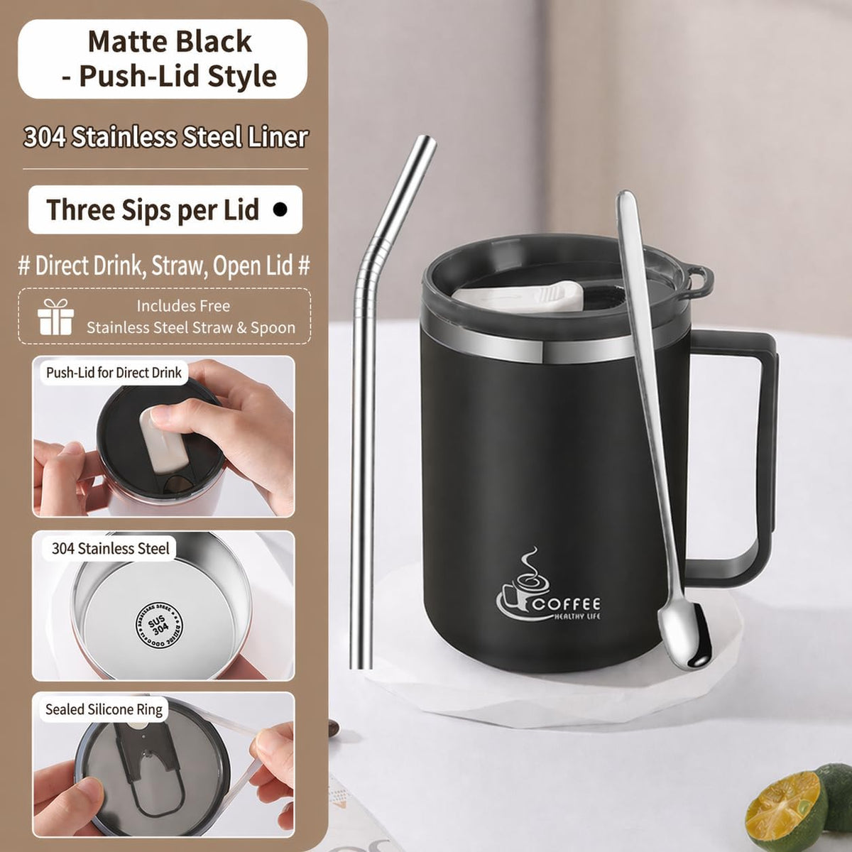 12oz Double Wall Stainless Steel Coffee Mug with Handle, 3-in-1 Sliding Lid, Reusable Stainless Steel Straw and Spoon, Coffee Cup for Hot and Cold Drinks, Office & Home (Dusty Rose)