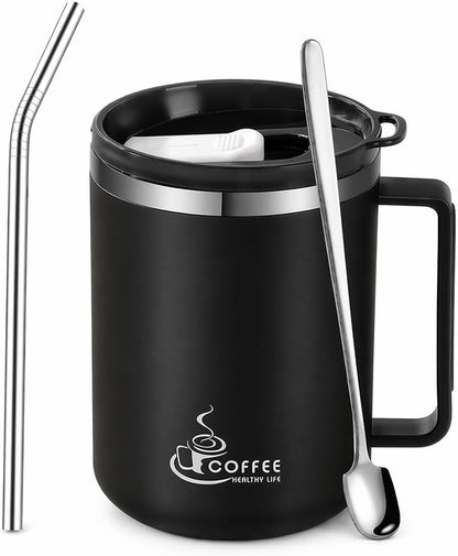12oz Double Wall Stainless Steel Coffee Mug with Handle, 3-in-1 Sliding Lid, Reusable Stainless Steel Straw and Spoon, Coffee Cup for Hot and Cold Drinks, Office & Home (Dusty Rose)