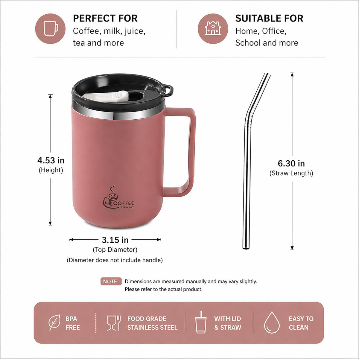 12oz Double Wall Stainless Steel Coffee Mug with Handle, 3-in-1 Sliding Lid, Reusable Stainless Steel Straw and Spoon, Coffee Cup for Hot and Cold Drinks, Office & Home (Dusty Rose)