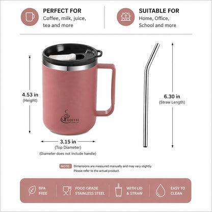 12oz Double Wall Stainless Steel Coffee Mug with Handle, 3-in-1 Sliding Lid, Reusable Stainless Steel Straw and Spoon, Coffee Cup for Hot and Cold Drinks, Office & Home (Dusty Rose)