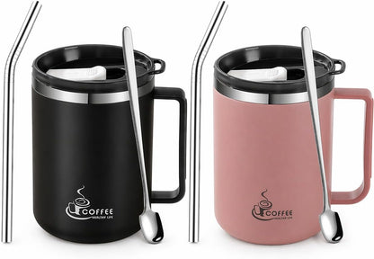 12oz Double Wall Stainless Steel Coffee Mug with Handle, 3-in-1 Sliding Lid, Reusable Stainless Steel Straw and Spoon, Coffee Cup for Hot and Cold Drinks, Office & Home (Dusty Rose)