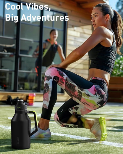 64oz Insulated Water Bottle Stainless Steel, Half Gallon Large Water Jug with 2-in-1 Handle, Double Wall Vacuum Metal Keep Cold & Hot, Wide Mouth Sport Water Flask For Gym, Travel, Pink