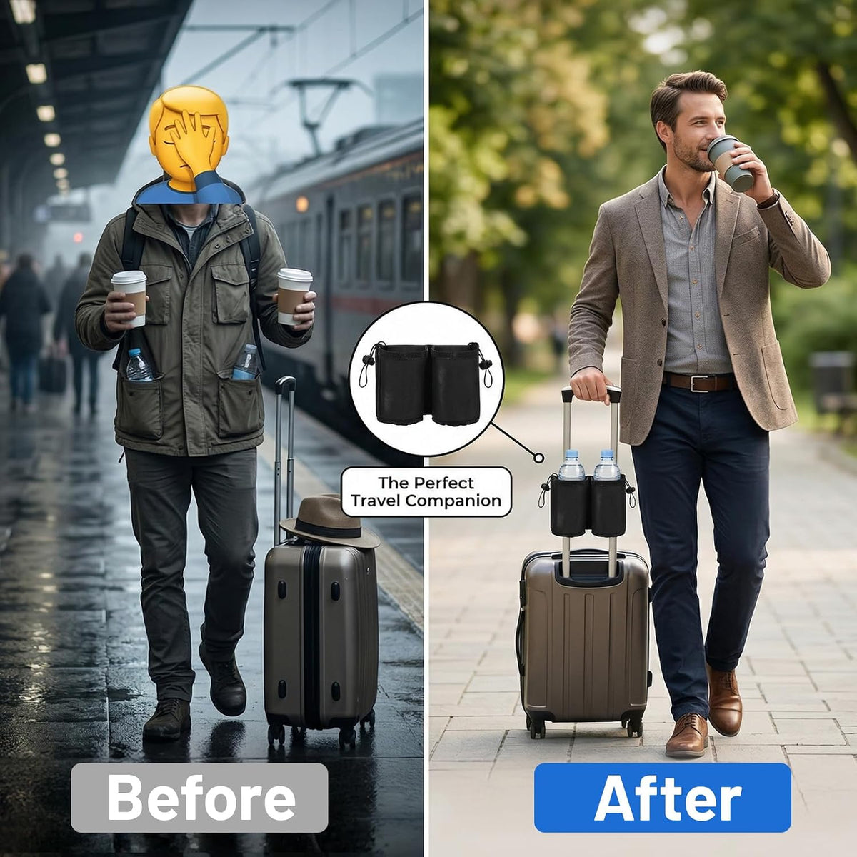 Luggage Travel Cup Holder, Free Hand Drink Caddy Hold Two Coffee Mugs, Fits Roll on Most Suitcase Handles, Gifts for Flight Attendants &Frequent Travelers Accessories