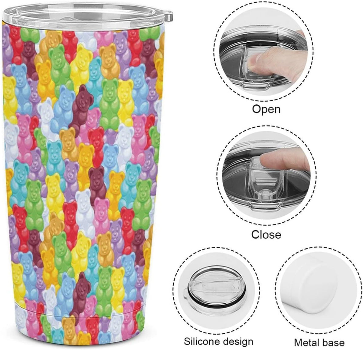 Gummy Bears Candies Insulated Car Tumbler Stainless Steel Travel Coffee Mug Tea Cup with Lid