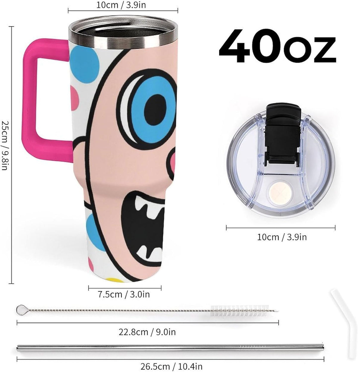 40oz Stainless Steel Cup with Handle And Straw Leak-proof Cup Colorful Dot Sprite for Car Cup Holders And Outdoor Travel