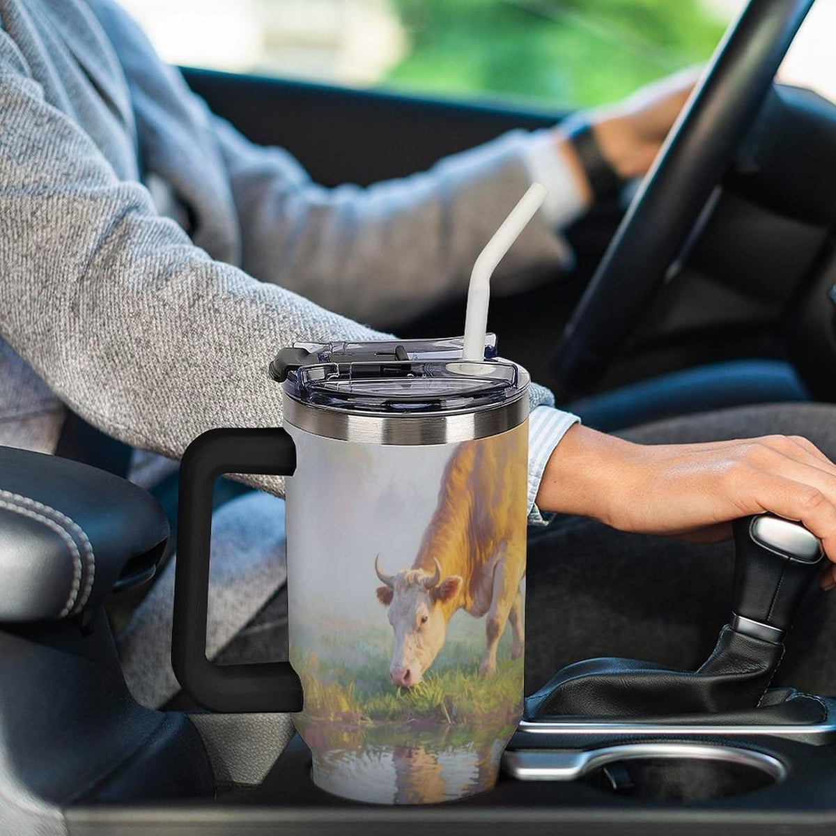 40oz Stainless Steel Cup with Handle And Straw Leak-proof Cup Colorful Dot Sprite for Car Cup Holders And Outdoor Travel
