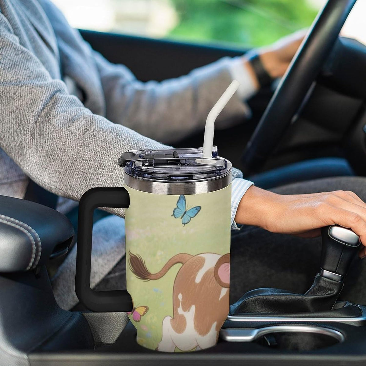40oz Stainless Steel Cup with Handle And Straw Leak-proof Cup Colorful Dot Sprite for Car Cup Holders And Outdoor Travel