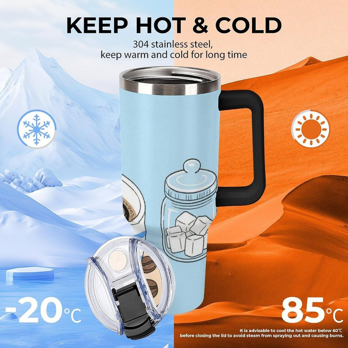 40oz Stainless Steel Cup with Handle And Straw Leak-proof Cup Colorful Dot Sprite for Car Cup Holders And Outdoor Travel
