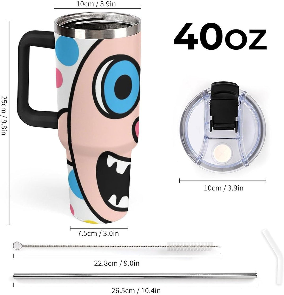 40oz Stainless Steel Cup with Handle And Straw Leak-proof Cup Colorful Dot Sprite for Car Cup Holders And Outdoor Travel