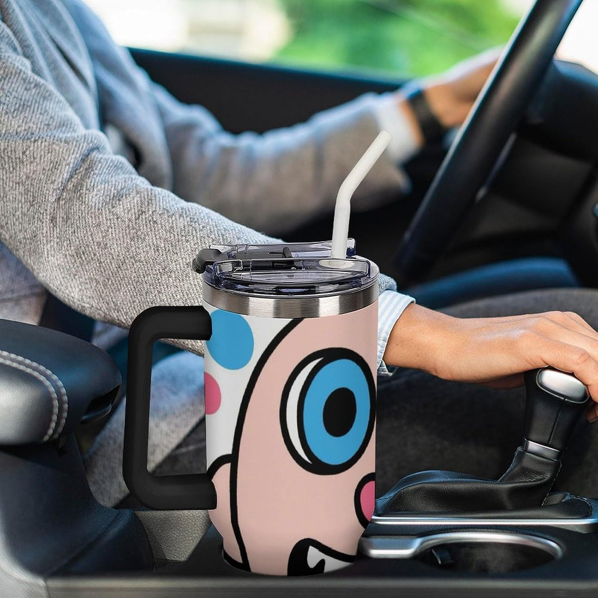 40oz Stainless Steel Cup with Handle And Straw Leak-proof Cup Colorful Dot Sprite for Car Cup Holders And Outdoor Travel