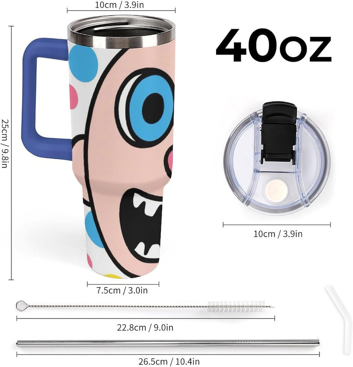 40oz Stainless Steel Cup with Handle And Straw Leak-proof Cup Colorful Dot Sprite for Car Cup Holders And Outdoor Travel