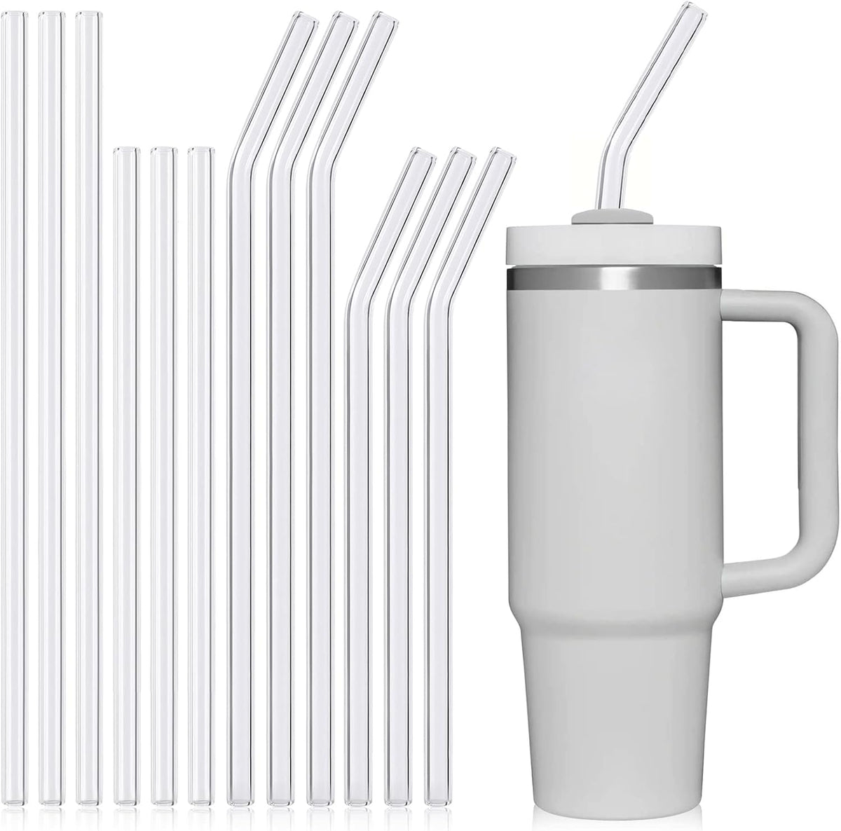 [12 Pcs] Reusable Glass Straws Shatter Resistant - Replacement Glass Straws for Stanley 40 oz 30 oz 20 oz Tumbler 12" x 10mm and 9" x 10mm Each Including 3 Straight and 3 Bent with 2 Cleaning Brush