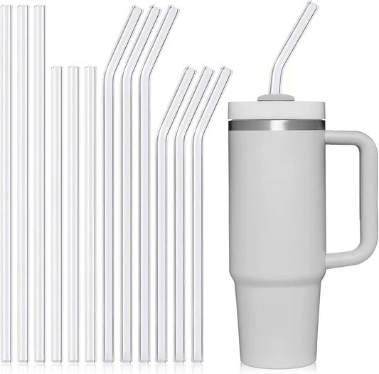 [12 Pcs] Reusable Glass Straws Shatter Resistant - Replacement Glass Straws for Stanley 40 oz 30 oz 20 oz Tumbler 12" x 10mm and 9" x 10mm Each Including 3 Straight and 3 Bent with 2 Cleaning Brush