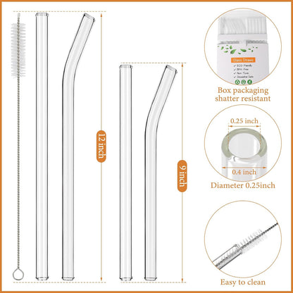 [12 Pcs] Reusable Glass Straws Shatter Resistant - Replacement Glass Straws for Stanley 40 oz 30 oz 20 oz Tumbler 12" x 10mm and 9" x 10mm Each Including 3 Straight and 3 Bent with 2 Cleaning Brush