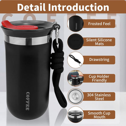 11 Oz Insulated Travel Coffee Mug - Green Reusable Cup With Lid, Spill Proof, Stainless Steel for Hot and Iced Cold Drinks