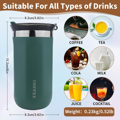 11 Oz Insulated Travel Coffee Mug - Green Reusable Cup With Lid, Spill Proof, Stainless Steel for Hot and Iced Cold Drinks
