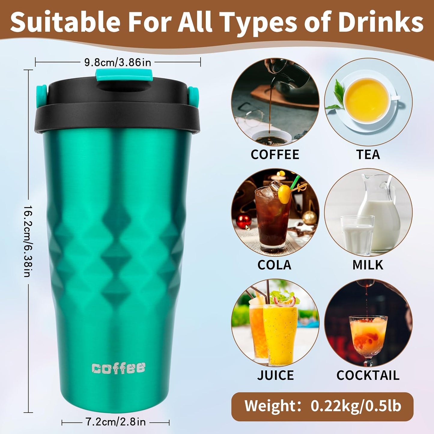 11 Oz Insulated Travel Coffee Mug - Green Reusable Cup With Lid, Spill Proof, Stainless Steel for Hot and Iced Cold Drinks