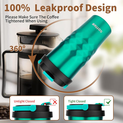 11 Oz Insulated Travel Coffee Mug - Green Reusable Cup With Lid, Spill Proof, Stainless Steel for Hot and Iced Cold Drinks