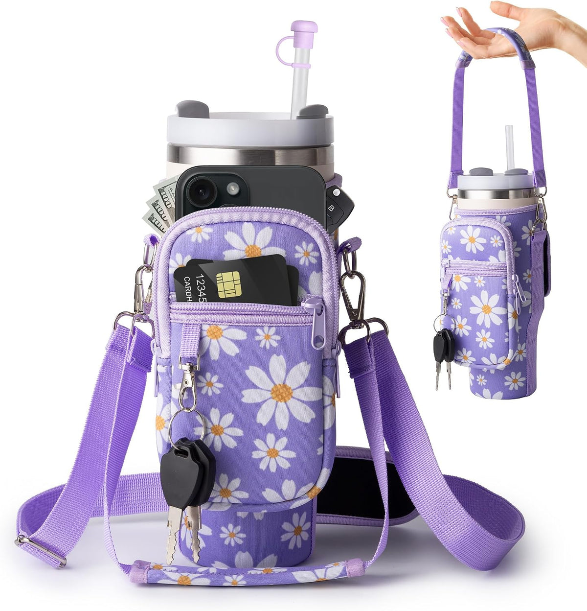 linmaya Water Bottle Carrier Bag,Water Bottle Holder with Straps Phone Pockets Fits Stanley Cup 40oz Tumbler (Purple Daisy-40oz)