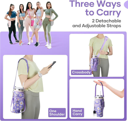linmaya Water Bottle Carrier Bag,Water Bottle Holder with Straps Phone Pockets Fits Stanley Cup 40oz Tumbler (Purple Daisy-40oz)