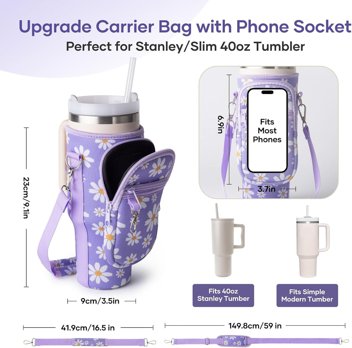 linmaya Water Bottle Carrier Bag,Water Bottle Holder with Straps Phone Pockets Fits Stanley Cup 40oz Tumbler (Purple Daisy-40oz)