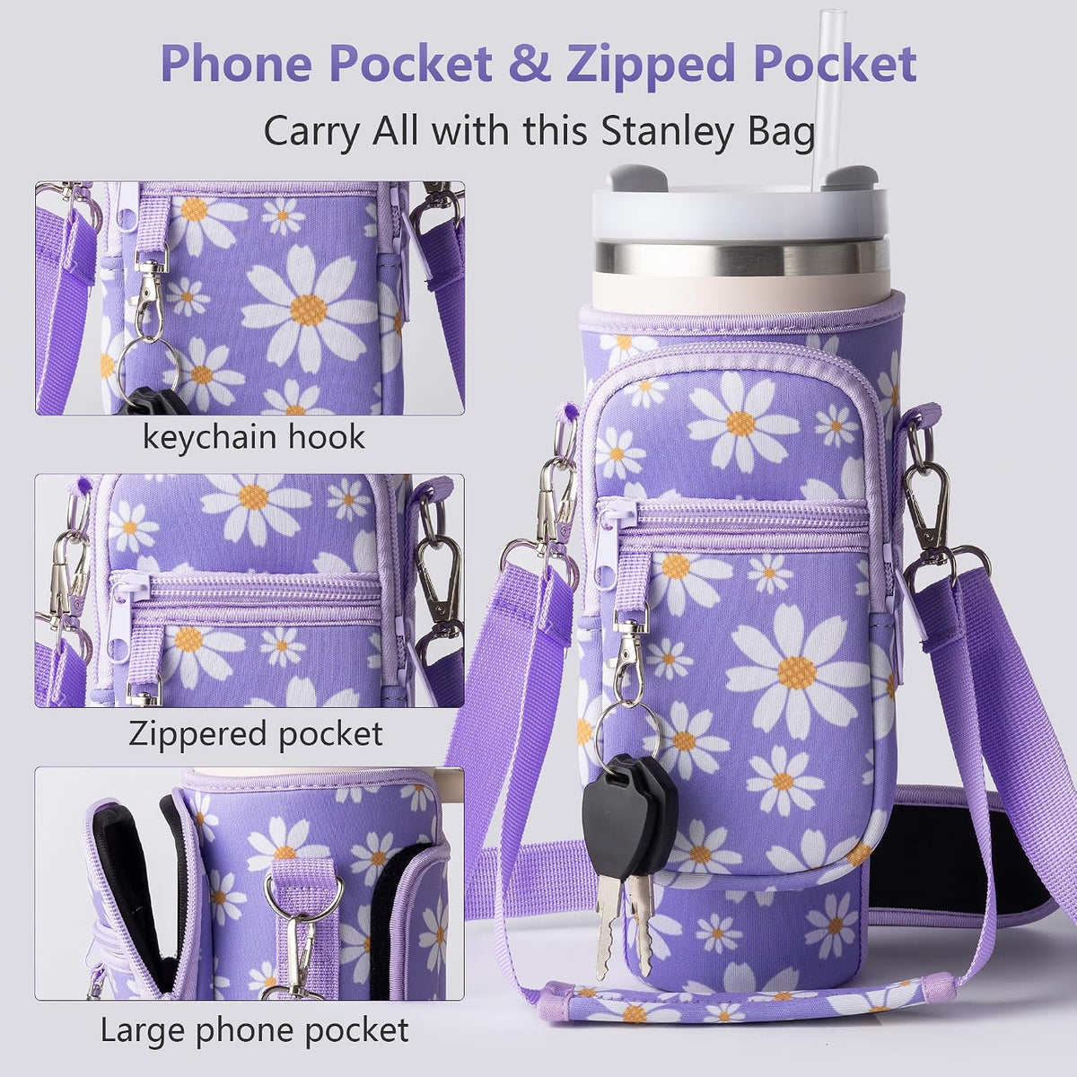 linmaya Water Bottle Carrier Bag,Water Bottle Holder with Straps Phone Pockets Fits Stanley Cup 40oz Tumbler (Purple Daisy-40oz)