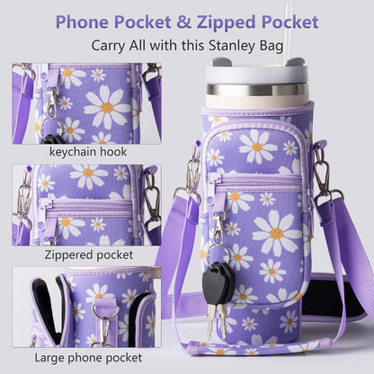 linmaya Water Bottle Carrier Bag,Water Bottle Holder with Straps Phone Pockets Fits Stanley Cup 40oz Tumbler (Purple Daisy-40oz)