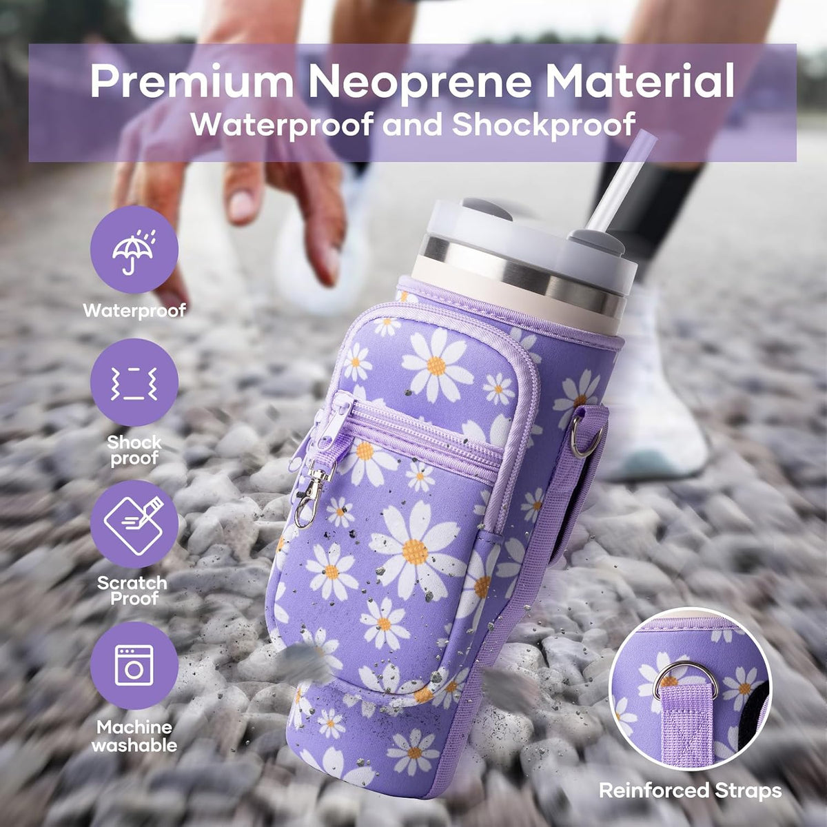 linmaya Water Bottle Carrier Bag,Water Bottle Holder with Straps Phone Pockets Fits Stanley Cup 40oz Tumbler (Purple Daisy-40oz)