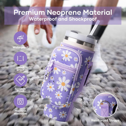 linmaya Water Bottle Carrier Bag,Water Bottle Holder with Straps Phone Pockets Fits Stanley Cup 40oz Tumbler (Purple Daisy-40oz)
