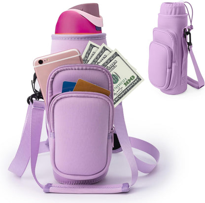 linmaya Water Bottle Carrier Bag,Water Bottle Holder with Straps Phone Pockets Fits Stanley Cup 40oz Tumbler (Purple Daisy-40oz)
