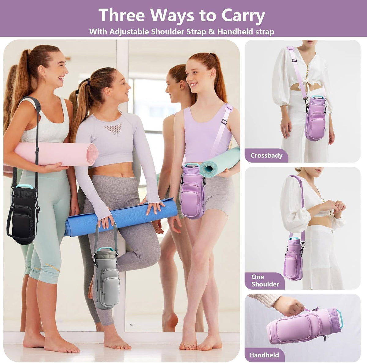 linmaya Water Bottle Carrier Bag,Water Bottle Holder with Straps Phone Pockets Fits Stanley Cup 40oz Tumbler (Purple Daisy-40oz)