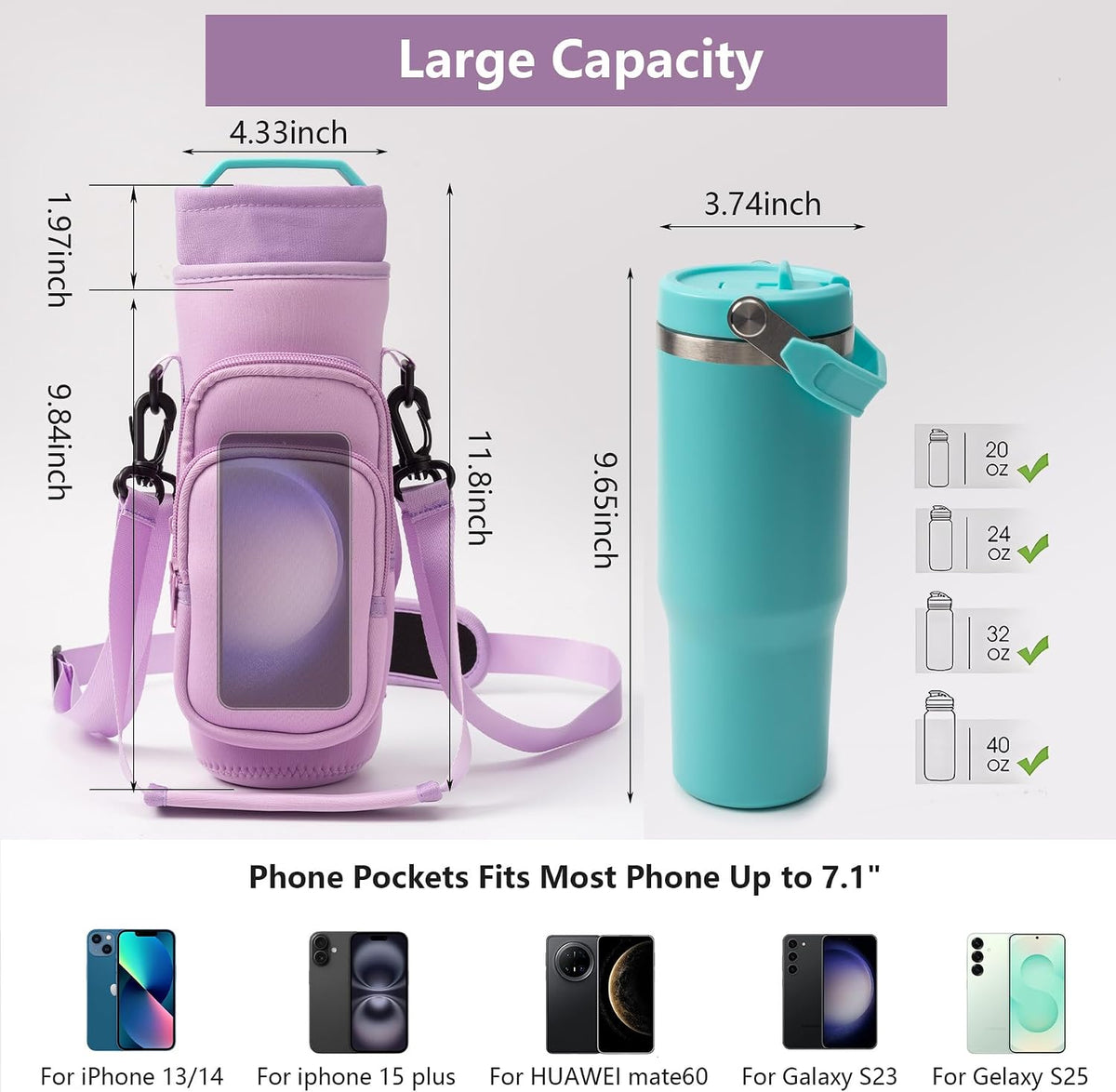 linmaya Water Bottle Carrier Bag,Water Bottle Holder with Straps Phone Pockets Fits Stanley Cup 40oz Tumbler (Purple Daisy-40oz)