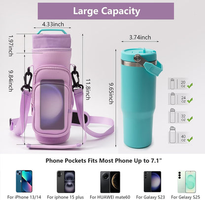 linmaya Water Bottle Carrier Bag,Water Bottle Holder with Straps Phone Pockets Fits Stanley Cup 40oz Tumbler (Purple Daisy-40oz)
