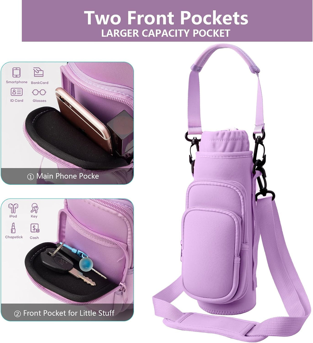 linmaya Water Bottle Carrier Bag,Water Bottle Holder with Straps Phone Pockets Fits Stanley Cup 40oz Tumbler (Purple Daisy-40oz)