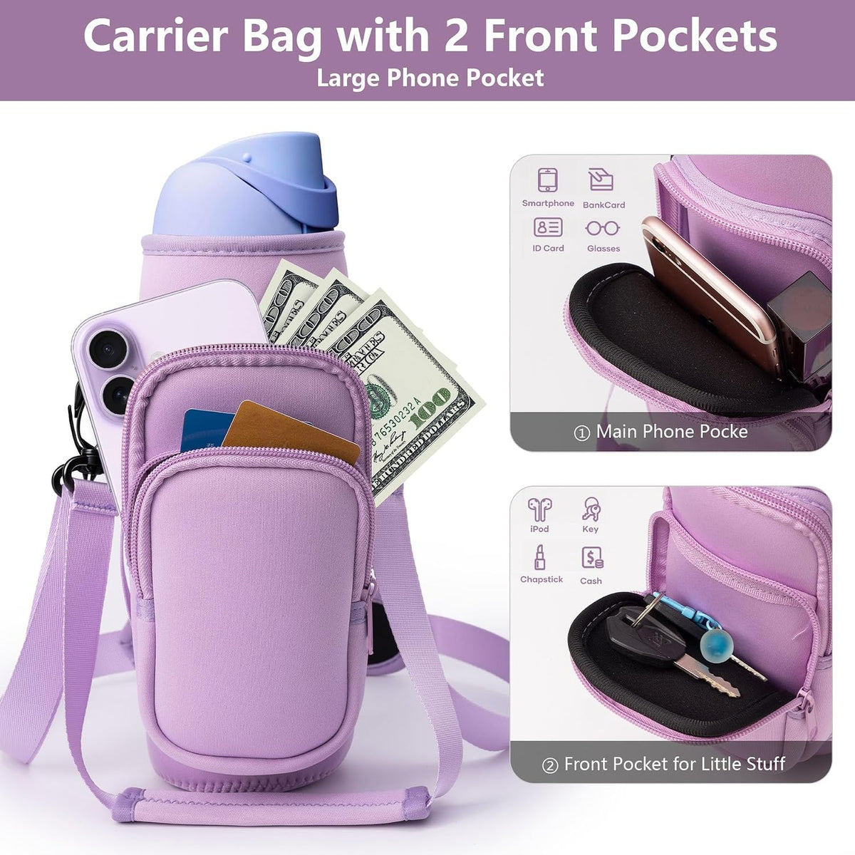 linmaya Water Bottle Carrier Bag,Water Bottle Holder with Straps Phone Pockets Fits Stanley Cup 40oz Tumbler (Purple Daisy-40oz)