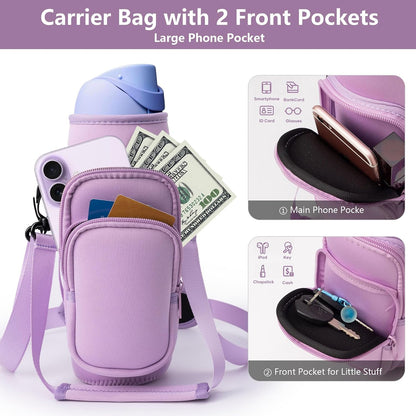 linmaya Water Bottle Carrier Bag,Water Bottle Holder with Straps Phone Pockets Fits Stanley Cup 40oz Tumbler (Purple Daisy-40oz)