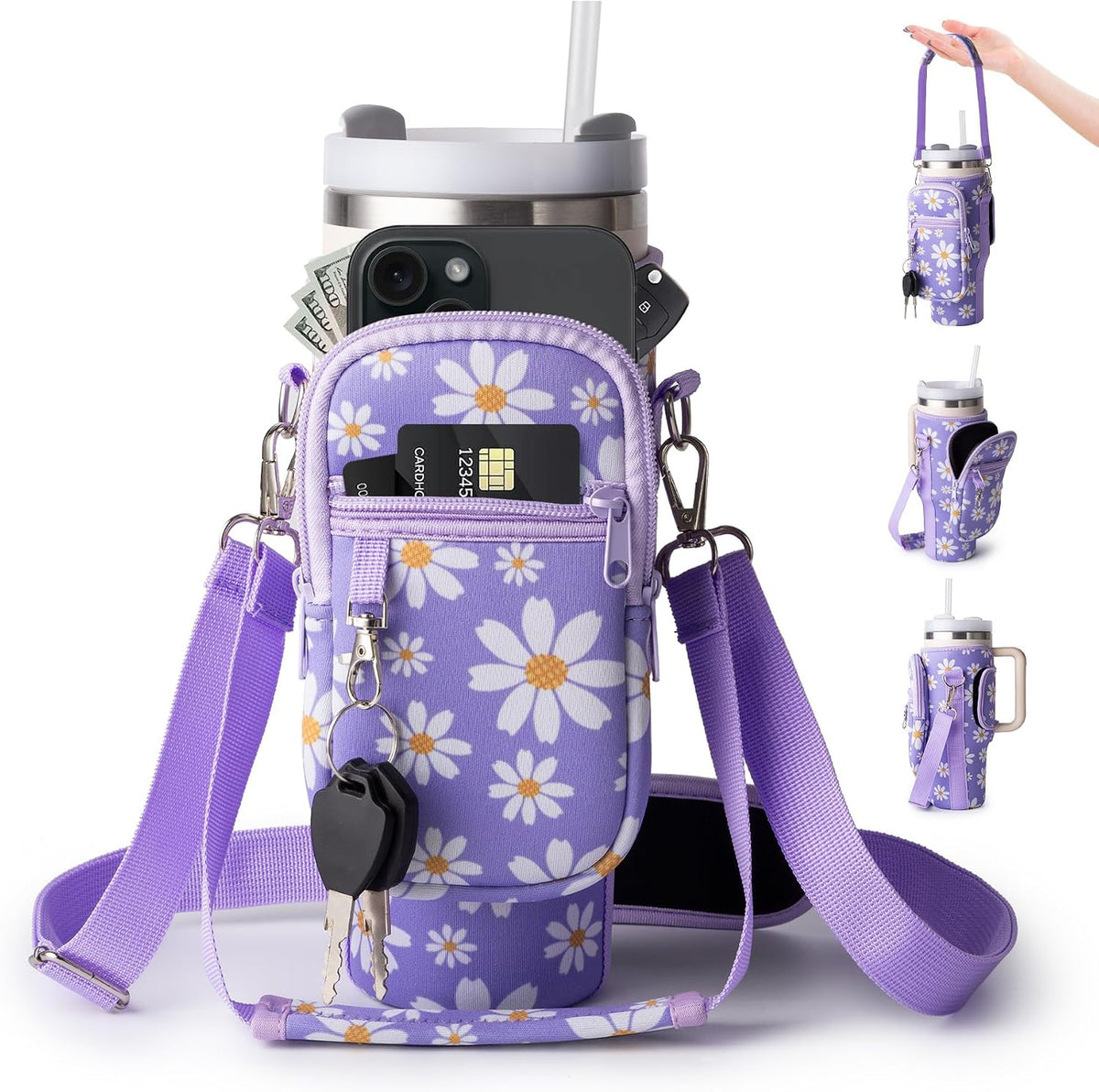 linmaya Water Bottle Carrier Bag,Water Bottle Holder with Straps Phone Pockets Fits Stanley Cup 40oz Tumbler (Purple Daisy-40oz)